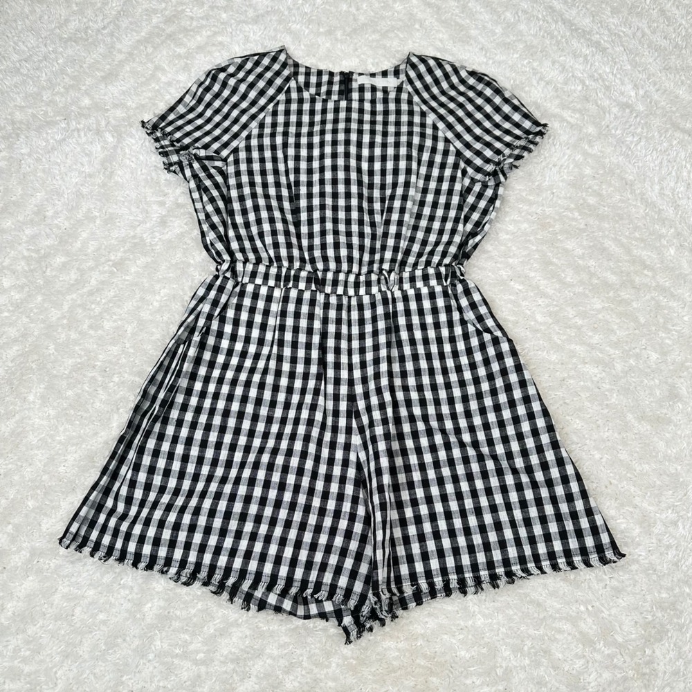 Kaelen Women's S Small Black White Gingham Linen Blend Romper Boho Festival